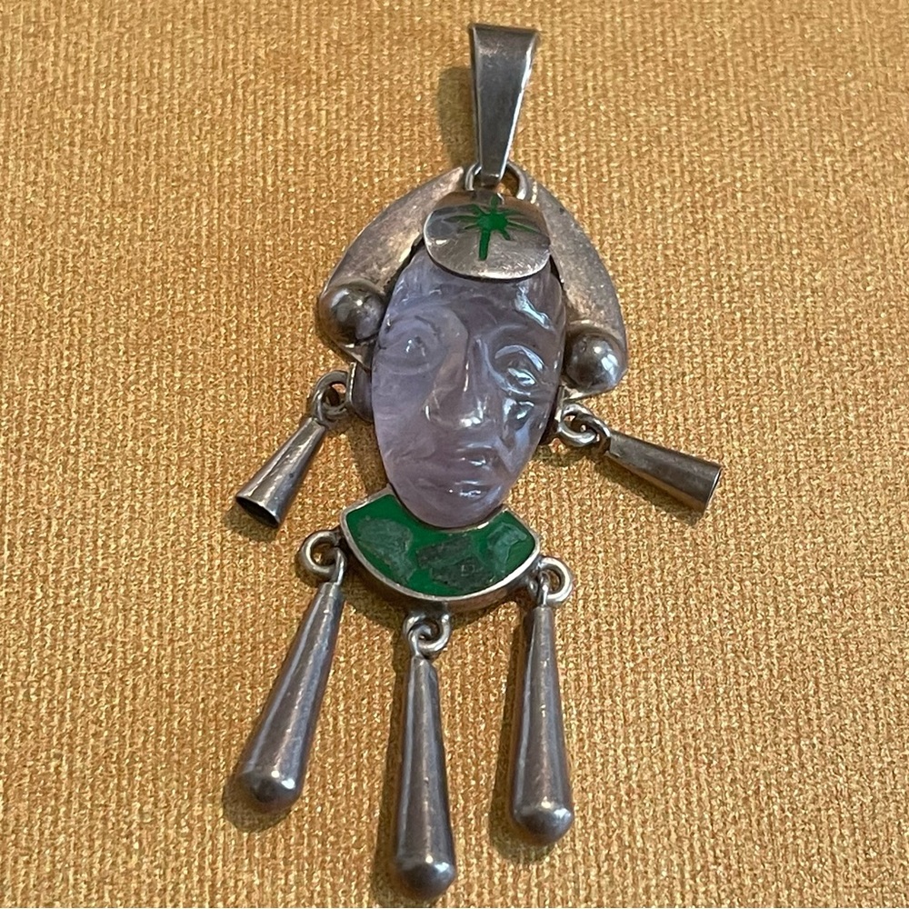 Vintage Sterling Silver Carved Amethyst Aztec Face Malachite Necklace Pendant
